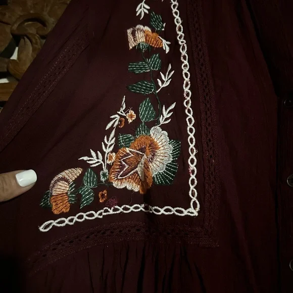 Lola Maroon Floral Embroidered BoHo Blouse - Picture 3 of 4